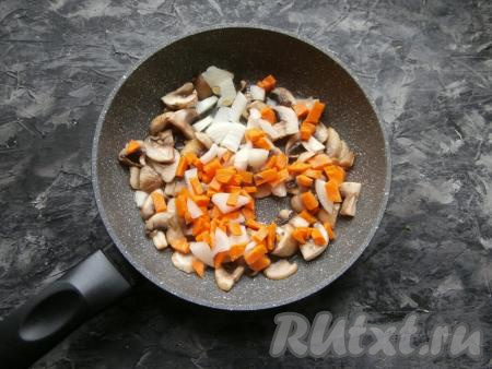 Обжарить грибы на среднем огне около 3-4 минут. Затем к шампиньонам добавить 1 некрупно нарезанную луковицу и нарезанную кубиками (или брусочками) морковку, перемешать. Обжаривать грибы с овощами, помешивая, минут 5.
