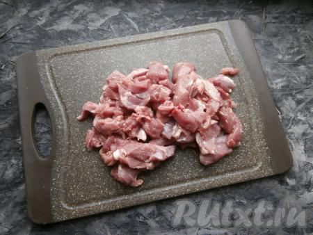 Филе бедра индейки нарезать небольшими кусочками.