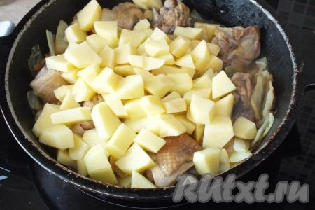 Через указанное время добавьте картофель. Подсолите по вкусу, перемешайте. Влейте ещё 100 мл воды, увеличьте огонь и дайте закипеть. После закипания воды,&nbsp;уменьшите огонь и тушите рагу из курицы с капустой и картошкой ещё&nbsp;15 минут.