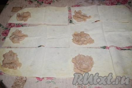 Затем разрезаем полосы пополам. На левую сторону каждой заготовки выкладываем по 1,5-2 чайных ложки&nbsp;начинки из фарша&nbsp;и слегка её&nbsp;разравниваем.