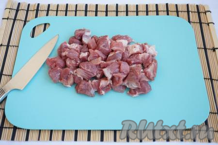 Начинаем приготовление жаркого с того, что промываем кусок свинины под проточной водой. Далее обсушиваем бумажными полотенцами и нарезаем некрупными кусочками.
