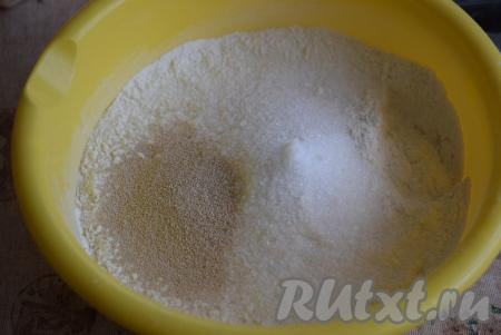 Для начала замесим дрожжевое тесто, для этого в миску насыпаем муку, сахар, соль, ванилин и сухие дрожжи, перемешиваем мучную смесь до однородности.