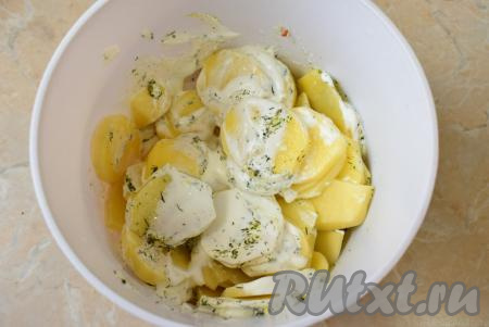 Очищенный картофель нарежьте кружочками и смешайте со сметаной, солью и специями. Ломтики картофеля должны быть равномерно покрыты тонким слоем сметаны.