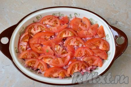 Помидоры помойте, разрежьте на две части и удалите плодоножки. Нарежьте помидоры тонкими ломтиками и выложите по всей поверхности мясного фарша. Немного посыпьте солью.