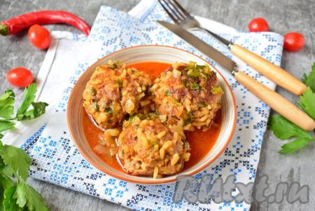 Очень вкусных, сытных, ароматных ёжиков, приготовленных из фарша с рисом, переложите из сковороды на тарелку, добавьте томатный соус и можно подавать к столу. Блюдо получается отличным, попробуйте!
