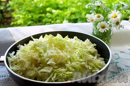 Капусту тонко нашинковать, выложить её на сковороду, хорошо разогретую с растительным маслом, готовить на небольшом огне, помешивая время от времени, в течение 10-15 минут, посолить, поперчить. Если капуста суховата, добавьте чуть-чуть воды (просто чтобы капуста не подгорела). Тушёная капуста должна стать достаточно мягкой. Снять капусту с огня и дать ей остыть. Пока тушится капуста, отварите яйца вкрутую (на варку яиц потребуется 8-10 минут с начала закипания воды). Варёные яйца нужно остудить, очистить и нарезать достаточно мелко.
