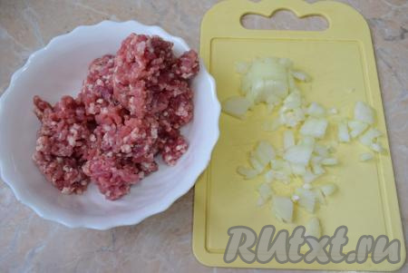 Для приготовления омлета подойдёт любой фарш (например, говяжий, куриный и т.д.). Луковицу, очищенную от шелухи, мелко нарежьте.