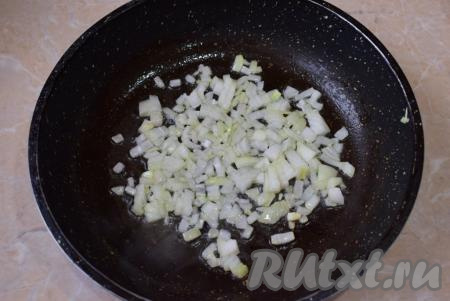 Разогрейте на огне сковороду, налейте немного растительного масла, выложите лук и на среднем огне обжарьте его, не забывая периодически перемешивать, до прозрачности (на это потребуется минуты 2-3).