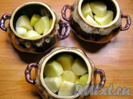 Я готовила жюльен в 3 горшочках для запекания (можно готовить и в одной форме). На дно горшочков кладём картофель, слегка солим и немного перчим (по желанию).