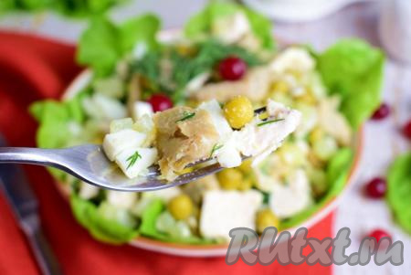 Сытный, вкусный, аппетитный салат с грибами, курицей и картошкой готов! Переложите его в салатник и подавайте к столу в качестве закуски или полноценного самостоятельного блюда.