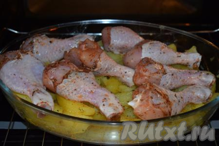 На подготовленный картофель выкладываем куриные голени&nbsp;и отправляем форму в холодную духовку (чтобы стеклянная форма не раскололась), если вы запекаете в металлической форме, то духовку перед запеканием можно разогреть.