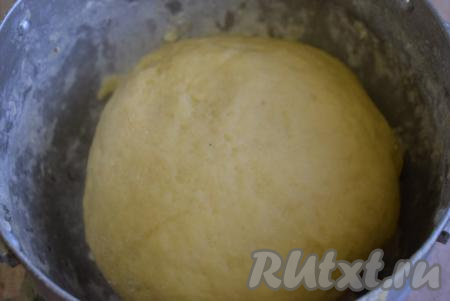 Далее добавляем оставшуюся муку и снова вбиваем яйцо. Замешиваем тесто руками, оно уже не будет таким горячим. По консистенции тесто получается мягким, эластичным, оно совершенно не липнет к рукам. Накрываем миску с заварным тестом плёнкой&nbsp;и даём ему полежать 30 минут при комнатной температуре.