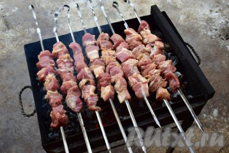 Замаринованное мясо для шашлыка нанизывайте на шампуры. Шашлык жарить следует на седых углях, без прямого огня. Жар должен быть хорошим.&nbsp;Шашлык готовим, периодически переворачивая шампуры, стараясь&nbsp;равномерно прожарить мясо&nbsp;со всех сторон. Готовность лучше всего определять, надрезав ножом кусочек мяса и посмотрев&nbsp;на надрез - он должен быть без розовых вкраплений.