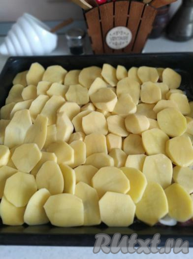 Далее подготовим картофель. Очищаем его и нарезаем плоскими кружочками толщиной 0,5 см, солим по вкусу (добавляя соль, обратите внимание на то, что в дальнейшем будут добавляться сыр и майонез, в состав которых тоже входит соль), выкладываем ровным слоем на кусочки говядины с луком.