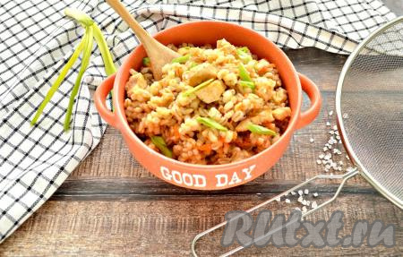 По прошествии времени перловая каша с курицей будет готова, перекладываем её из чаши мультиварки в глубокую тарелку и подаём к столу. Приготовьте это вкусное, сытное блюдо и оно отлично впишется в повседневный рацион!