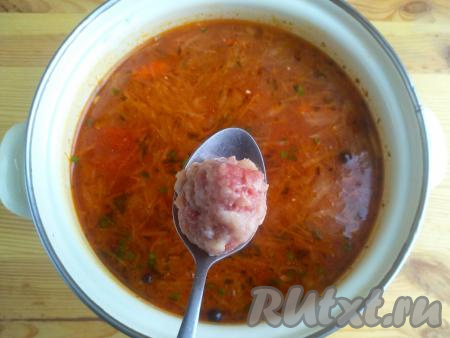 Из фарша сформировать небольшие шарики (фрикадельки) диаметром около 2 см. Когда борщ с капустой проварится 10-12 минут, выложить в него фрикадельки, добавить соль, душистый перец, лавровый лист и чёрный молотый перец. Продолжить варить на среднем огне до всплытия фрикаделек, затем проварить ещё 5 минут и снять с огня. Накрыть кастрюлю крышкой и оставить на 10 минут, чтобы борщ настоялся.