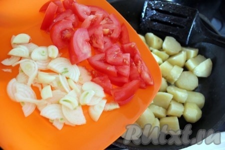 За это время можно подготовить гарнир. Картофель очистите, порежьте на крупные куски, обжарьте до полуготовности на оливковом масле. Затем добавьте к нему кусочки помидоров и лука, посолите, добавьте специи.