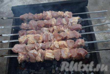 Замаринованные кусочки свинины нанизывайте на шампура и готовьте шашлык над горячими углями без прямого огня (исключительно на жаре от углей). Старайтесь равномерно периодически прокручивать шампуры&nbsp;для наилучшей прожарки мяса со всех сторон. Готовность мяса можно проверить ножом, разрезав кусочек свинины и посмотрев на его цвет, готовое мясо не должно иметь розовых вкраплений.