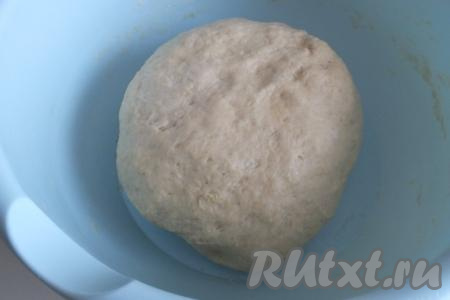 Тесто должно получиться слегка туговатым, но податливым. К рукам оно не прилипает, но слегка влажное. Миску с тестом затяните пищевой плёнкой и уберите в тёплое место без сквозняков на 1 час 30 минут.