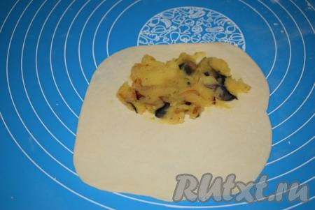 Каждый кусочек теста раскатываем на присыпанной мукой поверхности в тонкий пласт. На одну сторону пласта кладём 1 столовую ложку с горкой остывшей картофельно-грибной начинки и распределяем её&nbsp;по поверхности, как на фото.