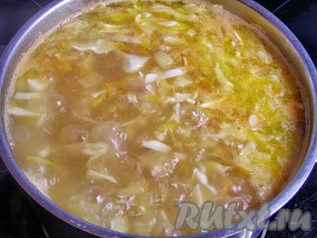 Доводим щи до кипения. Если вы готовите с молодой капустой, то после закипания варим, примерно, 2 минуты, если у вас старая капуста, то после закипания варим минут 7, после чего убираем кастрюлю с огня и даём настояться минут 10 под крышкой.