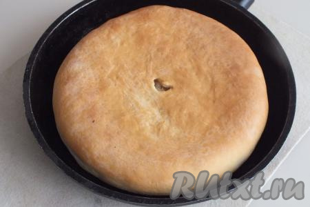 Через указанное время достаньте готовый пирог из духовки. Он будет равномерно красивого, румяного цвета.