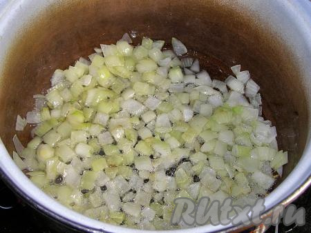 В кастрюлю с толстым дном (или с антипригарным покрытием) наливаем подсолнечное масло, разогреваем его на сильном огне и выкладываем нарезанный лук. Обжариваем на среднем огне, помешивая, примерно, 3-4 минуты (лук должен приобрести лёгкий золотистый оттенок).