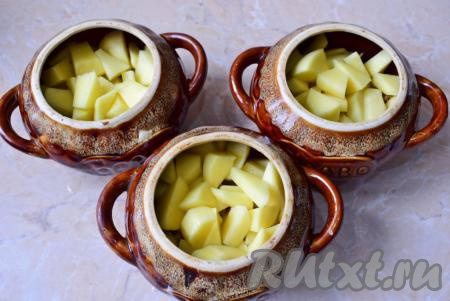 Картофель очистите, ополосните,&nbsp;нарежьте небольшими кусочками, посолите и сразу добавьте в горшочки.