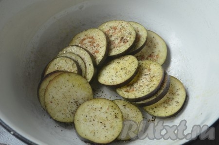 Баклажан нарезать на кружочки толщиной&nbsp;0,5-0,7 сантиметров, посолить. Дать кружочкам баклажанов полежать минут 10-15, затем отжать от лишней жидкости (это делается для того, чтобы готовые баклажаны не горчили). Слегка полить баклажаны маслом и втереть масло руками в каждый кружочек баклажана. Жарить баклажаны мы будем на сухой сковороде. Благодаря маслу, которое мы втирали в баклажаны, овощи не будут приставать к сковороде в процессе жарки, но при этом и жирными они не будут. Поперчить баклажаны.