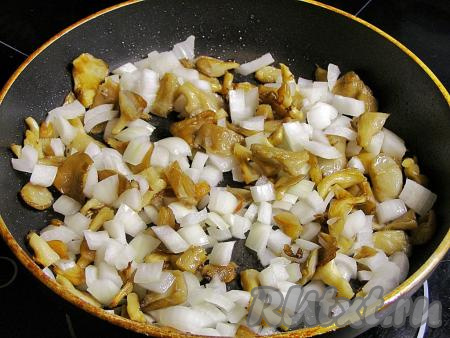Добавляем к грибам нарезанный лук, перемешиваем и обжариваем ещё 3-4 минуты (до мягкости лука), иногда перемешивая.