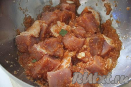 Кусочки свинины тщательно перемешать со специями и луком. 