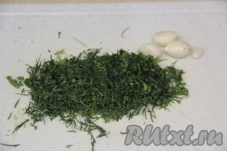 Вымыть, обсушить и мелко нарезать укроп. Пропустить через пресс очищенные зубчики чеснока.