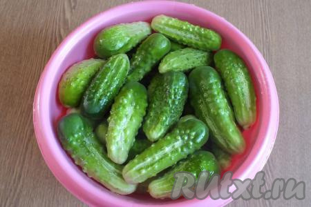 Для этого рецепта понадобятся небольшие огурчики, примерно, одинакового размера. Вымойте огурцы под проточной водой. Хорошо их потрите, чтобы удалить всю грязь и ещё раз промойте. После переложите огурчики в подходящую по объёму миску, залейте холодной водой и оставьте на 2 часа.