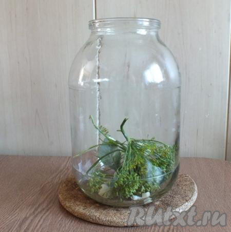 Подготовьте банку, тщательно вымойте её с содой, а затем простерилизуйте любым удобным вам способом (я стерилизую над паром). Выложите на дно зонтики укропа, листья малины и измельчённый чеснок.