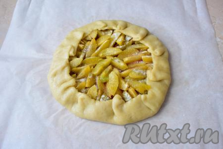 На столе расстелите лист пергаментной бумаги и раскатайте на ней галетное тесто в круг толщиной 3-4 мм. Слегка присыпьте тесто крахмалом. Сливы отделите от косточек, нарежьте ломтиками. Выложите нарезанные сливы на тесто, не доходя до краёв, примерно, 3 см. Посыпьте сливы сахаром (сладость можно немного изменять на свой вкус) и подверните края теста на начинку. Немного прищипните края теста. Переложите галету вместе с пергаментом на противень и поставьте минут на 35-40 в духовку, заранее разогретую до 180 градусов. Тесто должно немного зарумяниться.