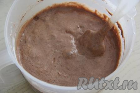 Перемешать шоколадное бисквитное тесто лопаткой, оно получится не густым, однородным и воздушным.