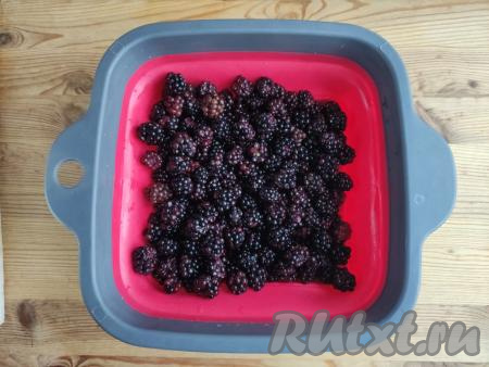 Ежевику перебрать от листиков и мусора. Удалить мятые или порченые ягоды. 450 грамм ежевики выложить в дуршлаг, аккуратно с помощью рассекателя промыть под проточной водой (для того чтобы не повредить нежные ягоды, напор воды не должен быть сильным), затем дать воде стечь.