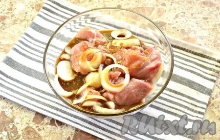Вливаем маринад в миску с кусочками свинины и луком, тщательно перемешиваем.