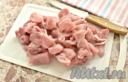 Промываем кусок свинины. Нарезаем мясо на небольшие&nbsp;кубики&nbsp;или бруски.