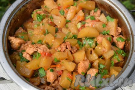 Жаркое раскладываем по тарелкам и подаём к столу со свежими овощами, салатом или соленьями.