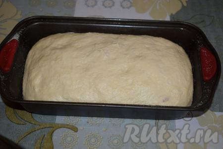 Обмятое тесто формируем в кирпичик и кладём в подготовленную форму. Накрываем плёнкой и даём подойти ещё,&nbsp;примерно, в течение 1 часа.