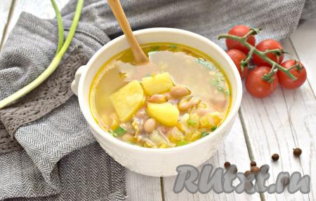 Наваристые, вкусные, аппетитные щи со свежей капустой и консервированной фасолью разливаем по тарелкам и, дополнив майонезом или сметаной, подаём на стол.