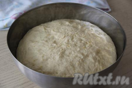 Переложить тесто в объёмную миску, накрыть плёнкой (или полотенцем) и убрать в тёплое место, без сквозняков, часа на 1,5 (до увеличения в объёме минимум в 2 раза).
