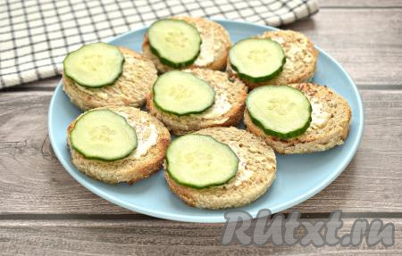 Выкладываем хлеб на плоское блюдо. На одну сторону заготовок кладём по кружочку огурца. Можно огурчик немного подсолить.