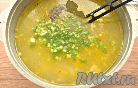В конце приготовления добавляем в суп измельчённую зелень, лавровый лист, перчим на свой вкус, снова доводим до кипения, провариваем 2-3 минуты и выключаем огонь.