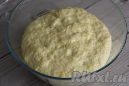 Поставить миску с тестом в тёплое место на 1,5 часа. Тесто поднимется, примерно, вдвое.