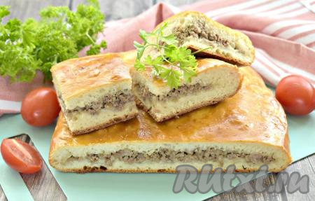 Аппетитный, сочный, вкусный пирог, приготовленный с мясным фаршем из дрожжевого теста, достаём из духовки, накрываем полотенцем, остужаем немного. Затем нарезаем на кусочки и с удовольствием угощаемся!