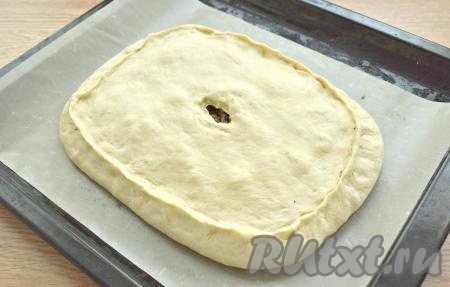 Затем раскатываем второй кусок теста, накрываем им начинку. Скрепляем края плотно, в центре пирога делаем отверстие для выхода пара.