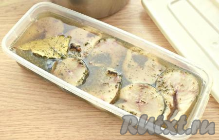 Полностью заливаем рыбу охлаждённым рассолом. Контейнер закрываем крышкой и убираем скумбрию в холодильник. Через сутки можно снимать пробу.