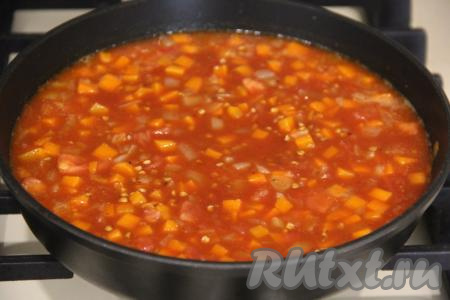 Отдельно соединить воду, томатную пасту, соль и любые специи, хорошо перемешать, влить в сковороду, перемешать.